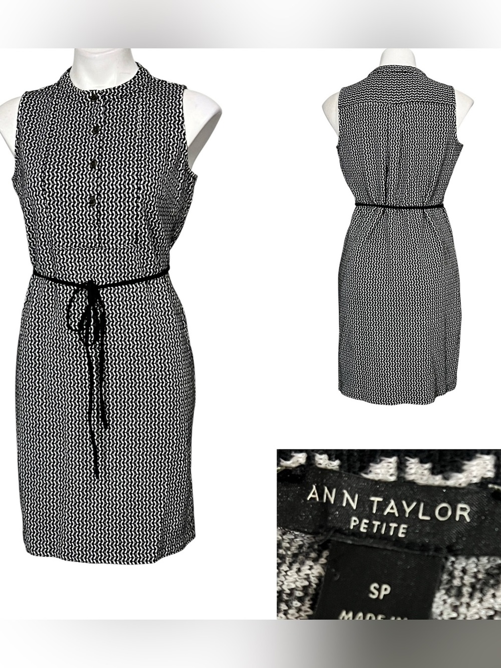 Ann Taylor dress Sm Black/White‎ Sleeveless tie-waist stretch office church